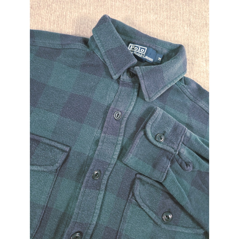Vtg Polo by Ralph Lauren Mens Medium Shirt Green Black Plaid Button Down Flannel